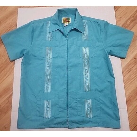 The Genuine Haband Guayabera Shirt Mens Medium Turquoise Full Zip Embroidered - Picture 1 of 7